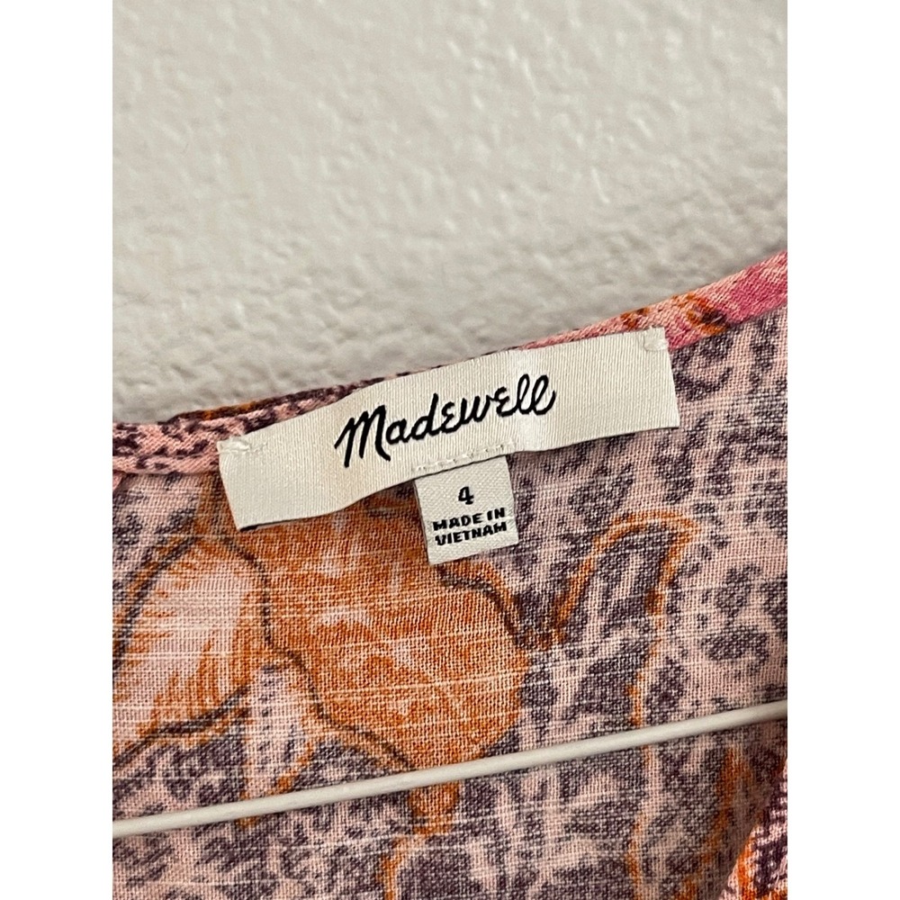 Madewell Floral Batik Lace Up Tassel Midi Dress Pink Orange Size 4 - Picture 2 of 11